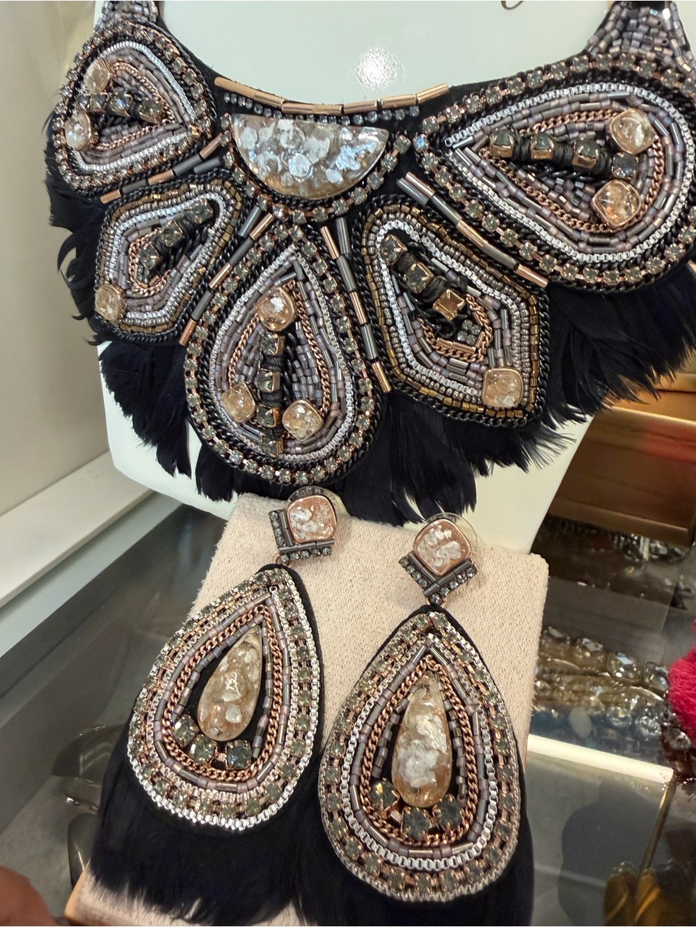 Stella & Dot Statement Necklace + Convertible Feather Earrings Set